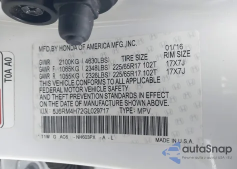 2016 Honda Cr-V Ex-L from USA, damaged, VIN 5J6RM4H72GL029717